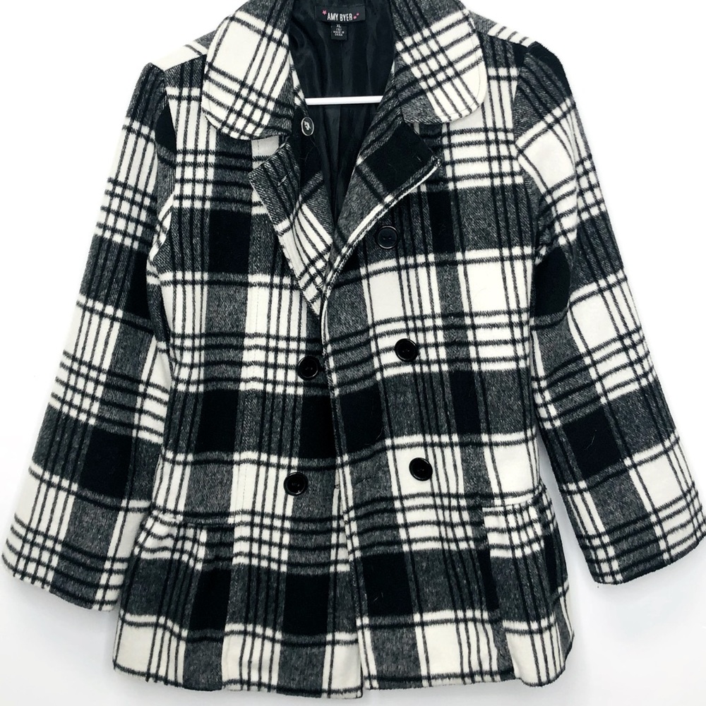 Amy Byer Black and White Plaid Pea Coat